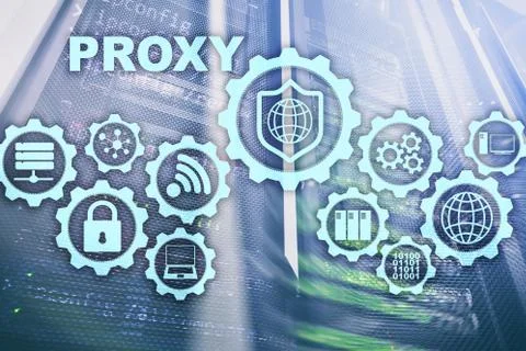 Proxy server. Cyber security. Concept of network security on virtual screen Stock Photos