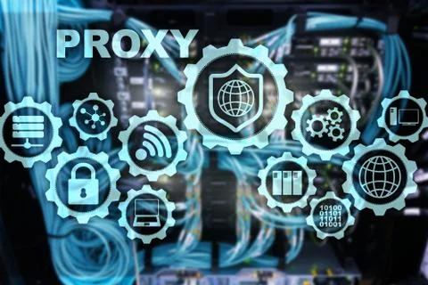 Proxy server. Cyber security. Concept of network security on virtual screen Stock Photos