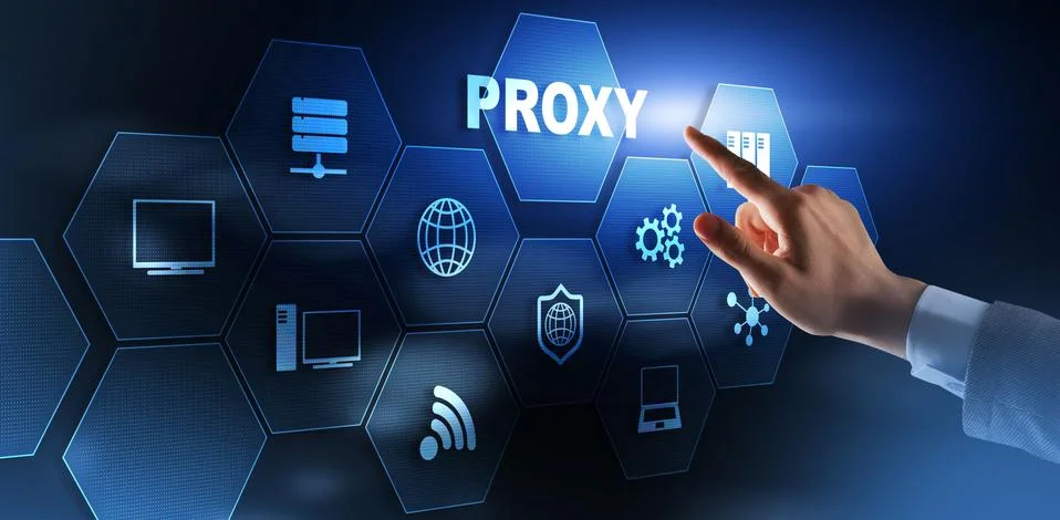 Proxy server. Cyber security. Concept of network security on virtual screen. Stock Photos