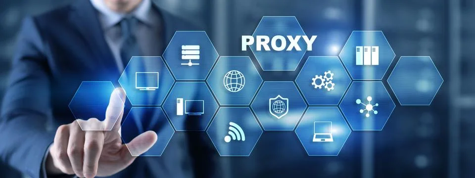Proxy server. Cyber security. Concept of network security on virtual screen Stock Photos