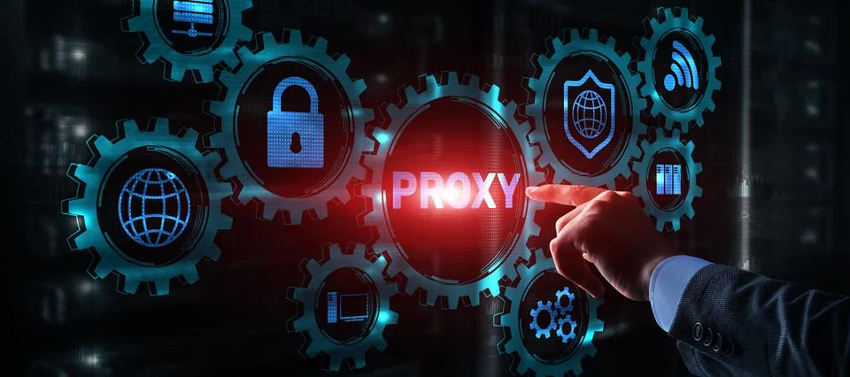 Proxy server. Cyber security. Concept of network security on virtual screen Stock Photos