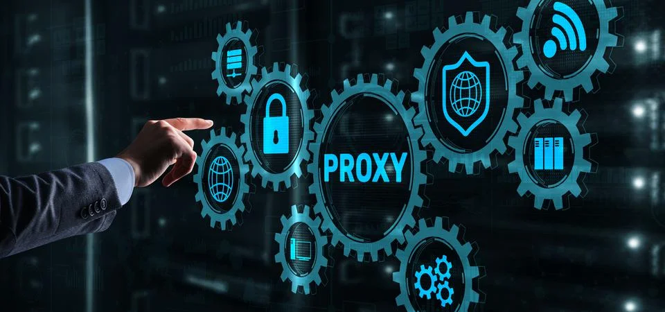 Proxy server. Cyber security. Concept of network security on virtual screen Stock Photos