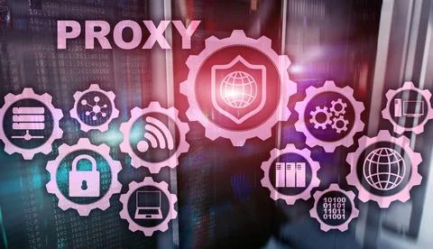 Proxy server. Cyber security. Concept of network security on virtual screen Stock Photos