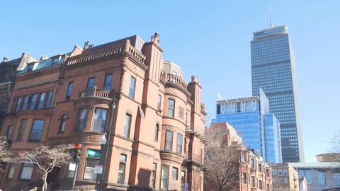 Prudential Tower Above Boston Side Street Epic Camera Pan Stock-Footage 92652965