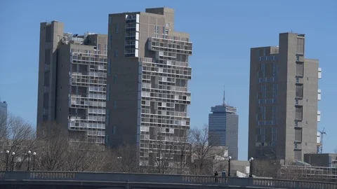 Prudential Tower in Boston Between High Rise Apartment Complexes Parallax Shot Stock-Footage 92422521