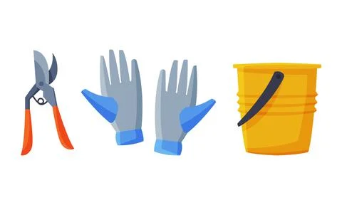 Pruner, Pair of Gloves and Bucket as Garden Tools Vector Set Illustrazione stock