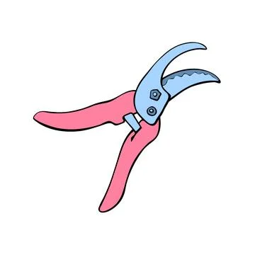 Pruner, pruning shears. Gardening equipment. Hand drawn colorful vector ill.. Stock Illustration