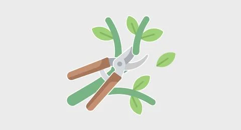 Pruning scissors cutting plant stem with green leaves representing garden m.. Stock Illustration