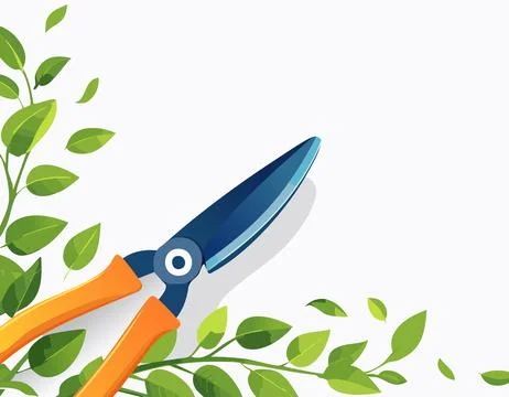 Pruning shears with bright orange handles trimming green foliage, placed cr.. Illustrazione stock