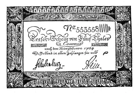 Prussian vault note of five thalers from 1806 first Prussian paper money Ilustración de archivo