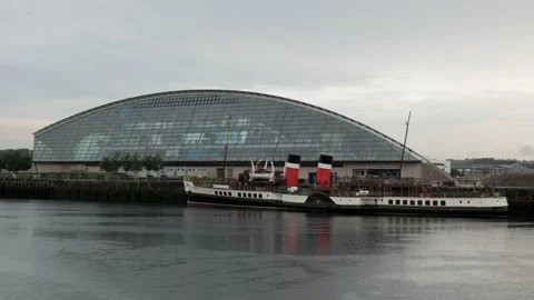 PS Waverley paddle steamer ship in front of the Glasgow Science Centre Stock Footage 134595270