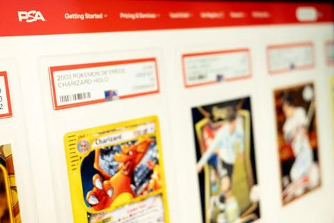 Psa website displaying graded collectible pokemon trading card Stock Photos