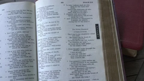 Psalm 23 of the Holy Bible. Close up and panning view of the text. Stock Footage 267770831