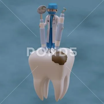 Psd 3d illustration of dentist with stomatology tools and dental caries PSD Template