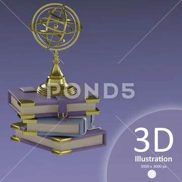 Psd armillary sphere with books icons isolated 3d render illustration PSD Template