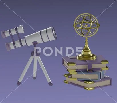 Psd telescope icon with armillary sphere on books isolated 3d render PSD Template