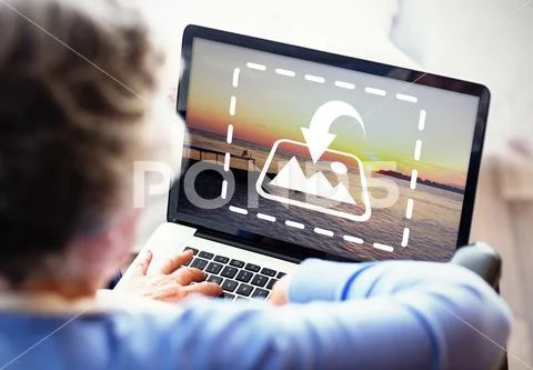 PSD template of active senior woman using a laptop in a retirement home PSD Template