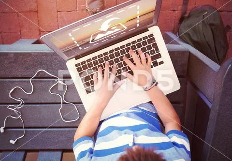 PSD template of boy using laptop while sitting on bench PSD Template