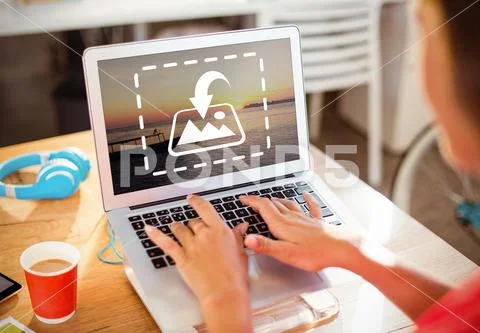 PSD template of business executive using laptop at table in office PSD Template