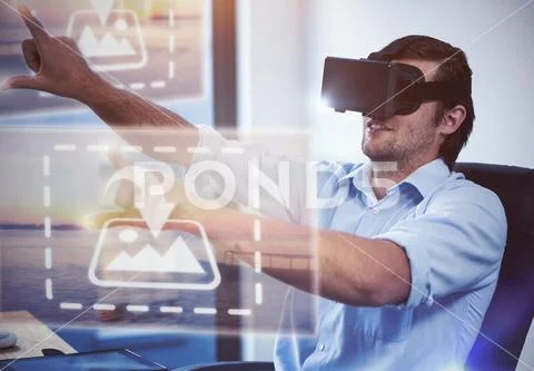 PSD template of businessman using virtual reality headset at desk in office PSD Template