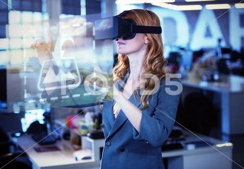 PSD template of businesswoman using virtual reality simulator in office PSD Template