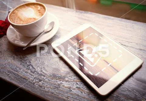 PSD template of cappuccino and digital tablet on table in café PSD Template