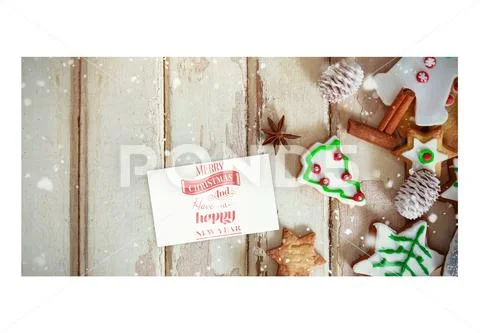 PSD template of Christmas cookies and card with gingerbread on a plank Modello PSD