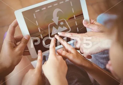 PSD template of Close-up of family pointing their fingers at digital tablet PSD Template