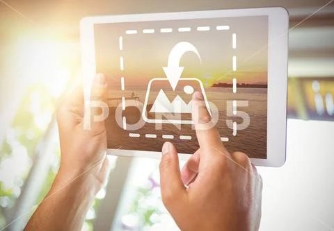 PSD template of close-up of hand using digital tablet at home PSD Template