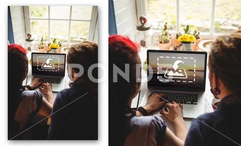 PSD template of couple using together laptop at dining table in home PSD Template