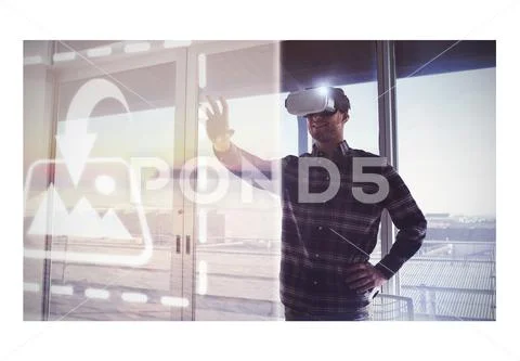 PSD template of creative businessman gesturing while experiencing virtual PSD Template