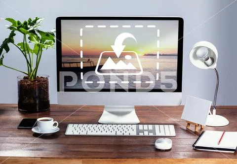 PSD template of desktop computer, mobile phone, coffee cup and belongings at PSD Template