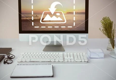 PSD template of desktop pc with diary on table in office PSD Template