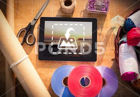 PSD template of digital tablet and florist supplies on the wooden table PSD Template