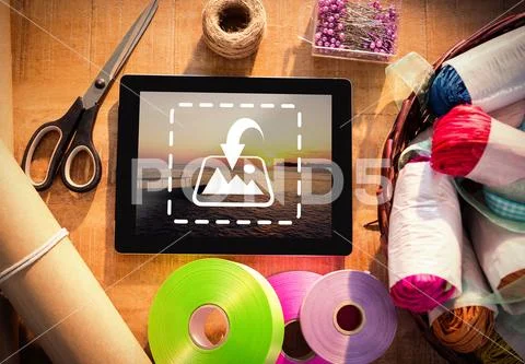 PSD template of digital tablet and florist supplies on the wooden table at a PSD Template