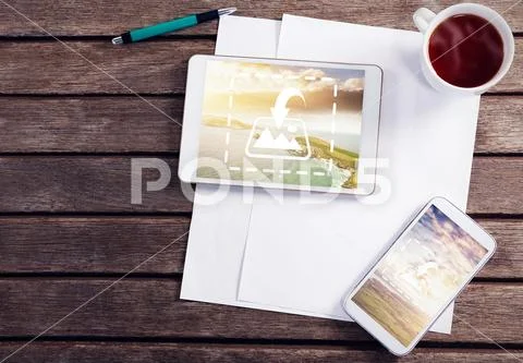 PSD template of digital tablet, mobile phone, black coffee and blank paper on PSD-Vorlage