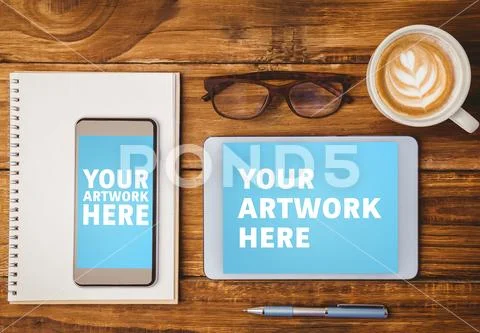 PSD template of digital tablet, mobile phone and coffee cup on wooden table PSD Template