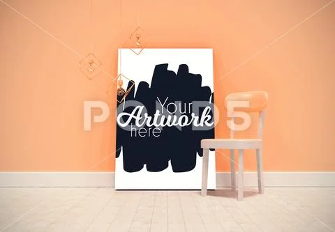 PSD template of empty chair and blank picture frame in home PSD Template