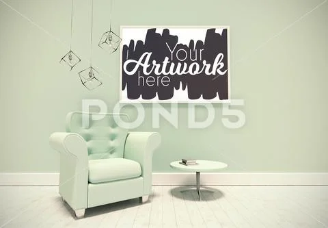 PSD template of empty sofa and blank picture frame in home Modello PSD