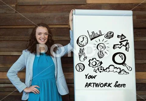PSD template of female business executive standing near flip chart in office PSD Template