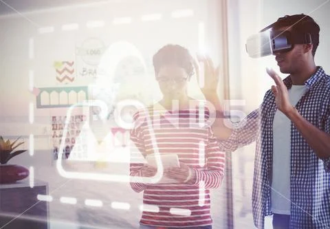 PSD template of female colleague assisting man while using virtual reality PSD Template