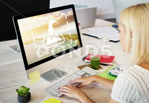 PSD template female executive working on computer at desk in office PSD Template