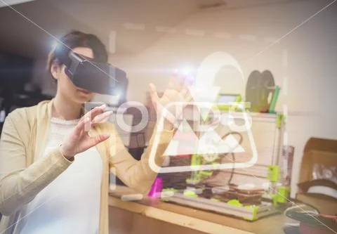 PSD template of female graphic designer using the virtual reality headset at PSDテンプレート