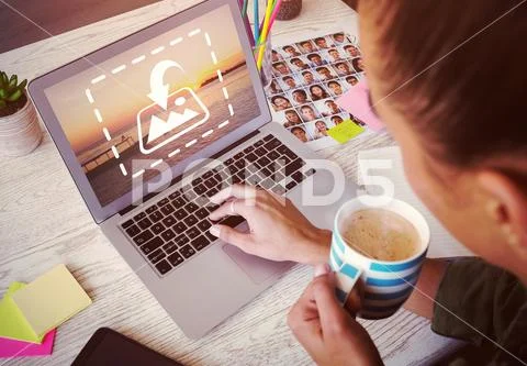 PSD template of female photo editor holding coffee cup while using laptop in PSD Template