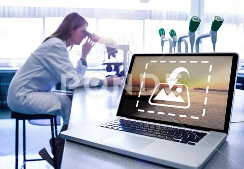 PSD template of female scientist working with a microscope at table in PSD Template