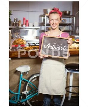 PSD template of female staff holding board in café PSD Template
