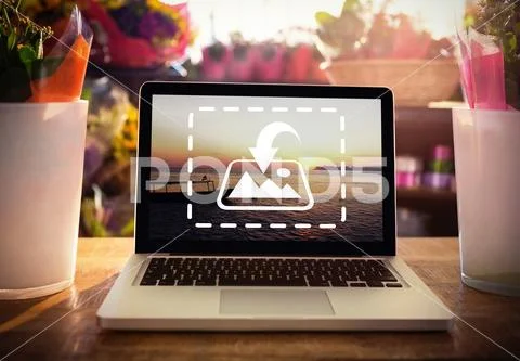 PSD template of flower vase and laptop on the wooden table at a flower shop PSD Template