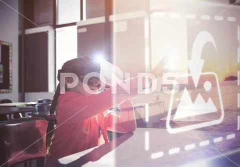 PSD template of girl gesturing while using virtual reality glasses in classroom PSD Template