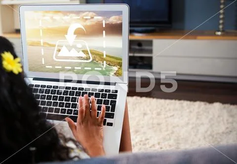 PSD template of girl using laptop on sofa at home Plantilla PSD