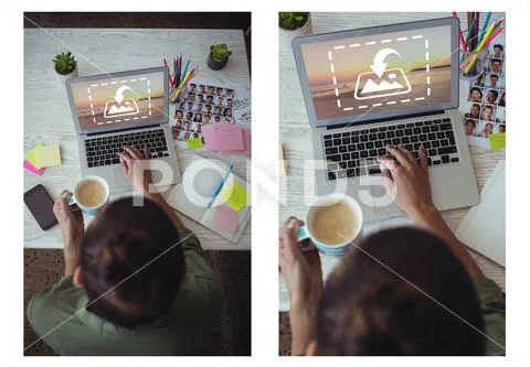 PSD template of graphic designer working on laptop at desk in office PSD Template